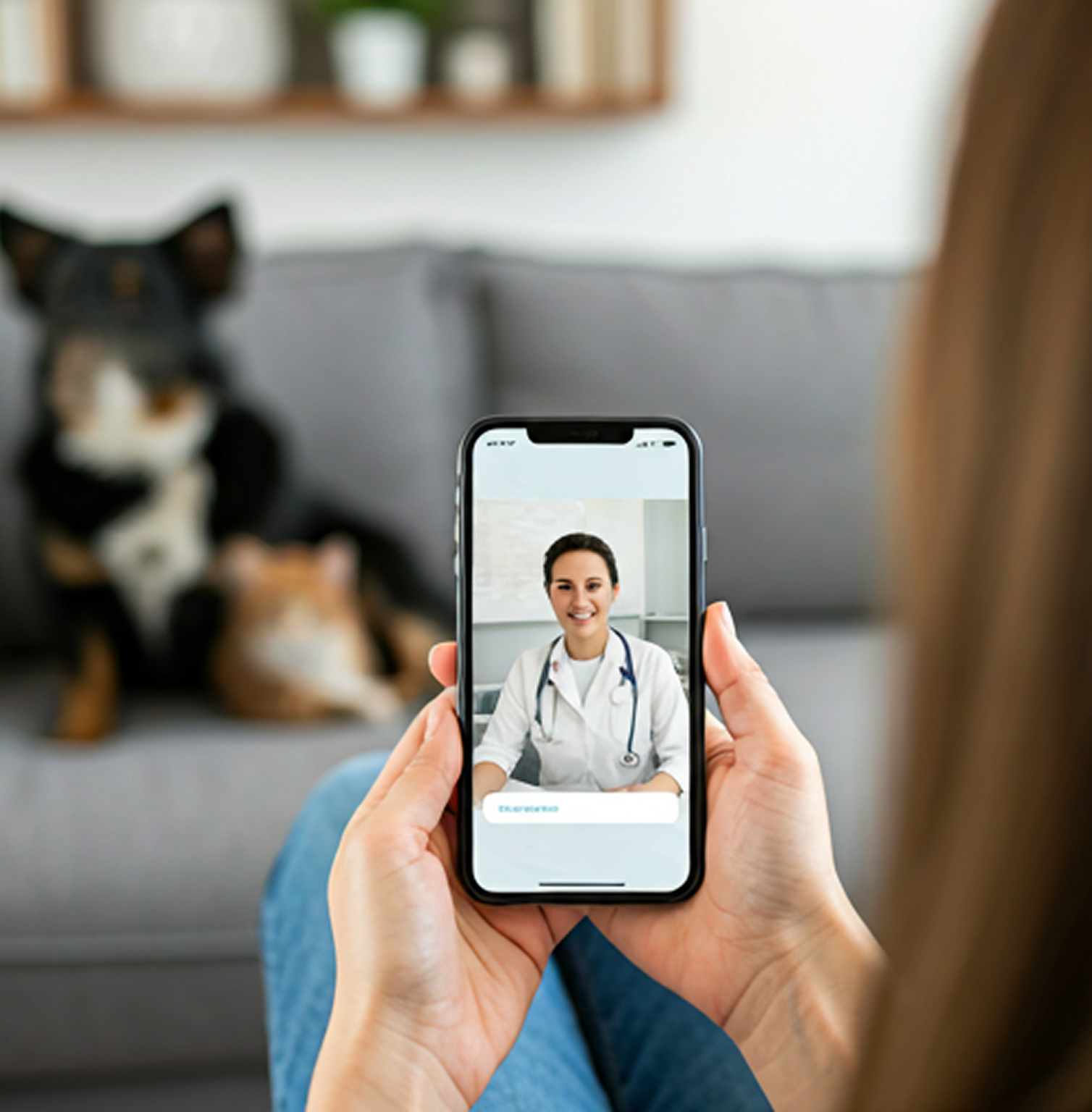 Pet owner on video call with veterinarian