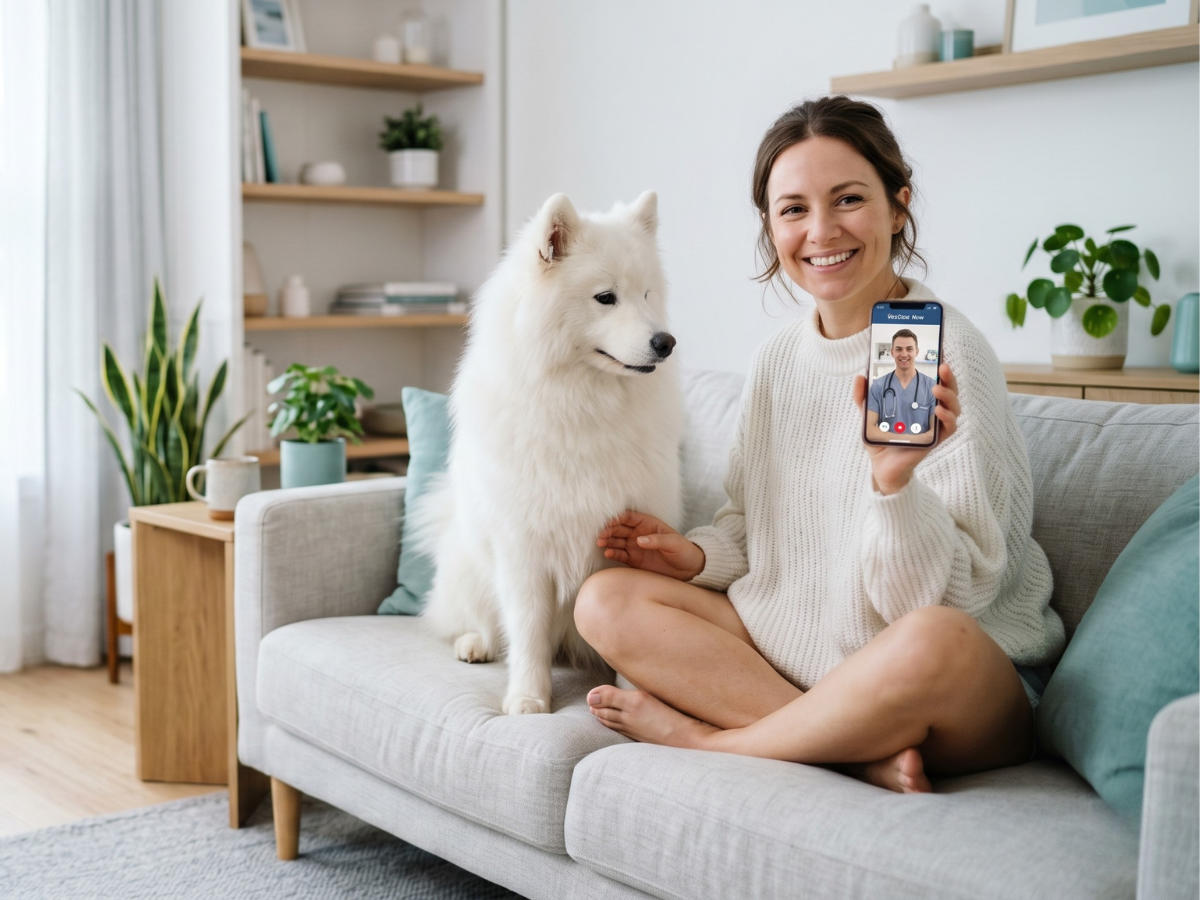 Pet owner with dog on video call with veterinarian